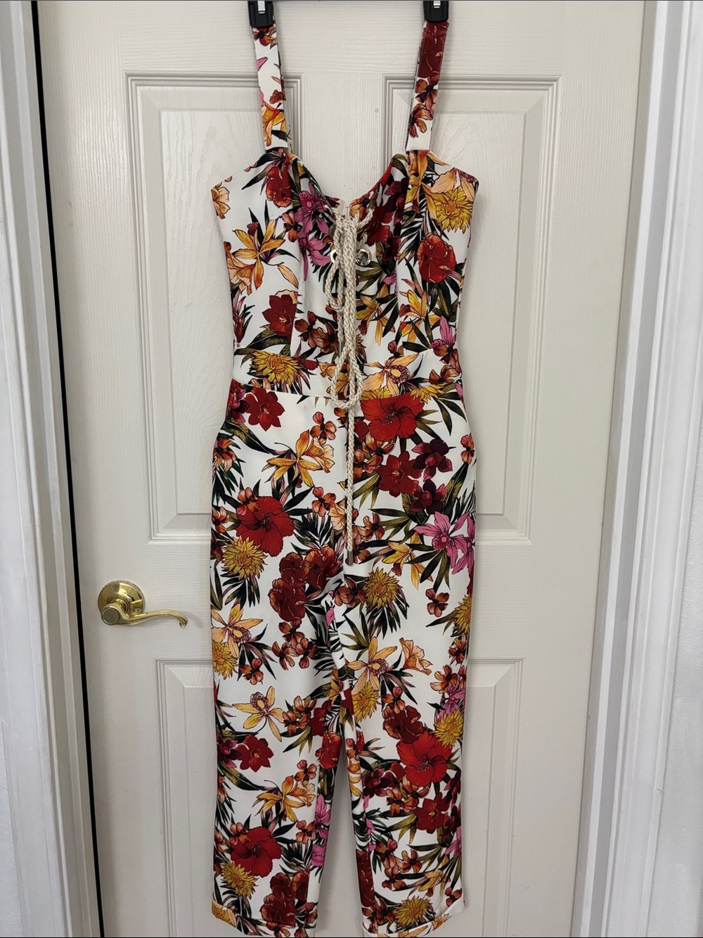Floral Tie-Front Jumpsuit in White with Red & Yellow Blooms
